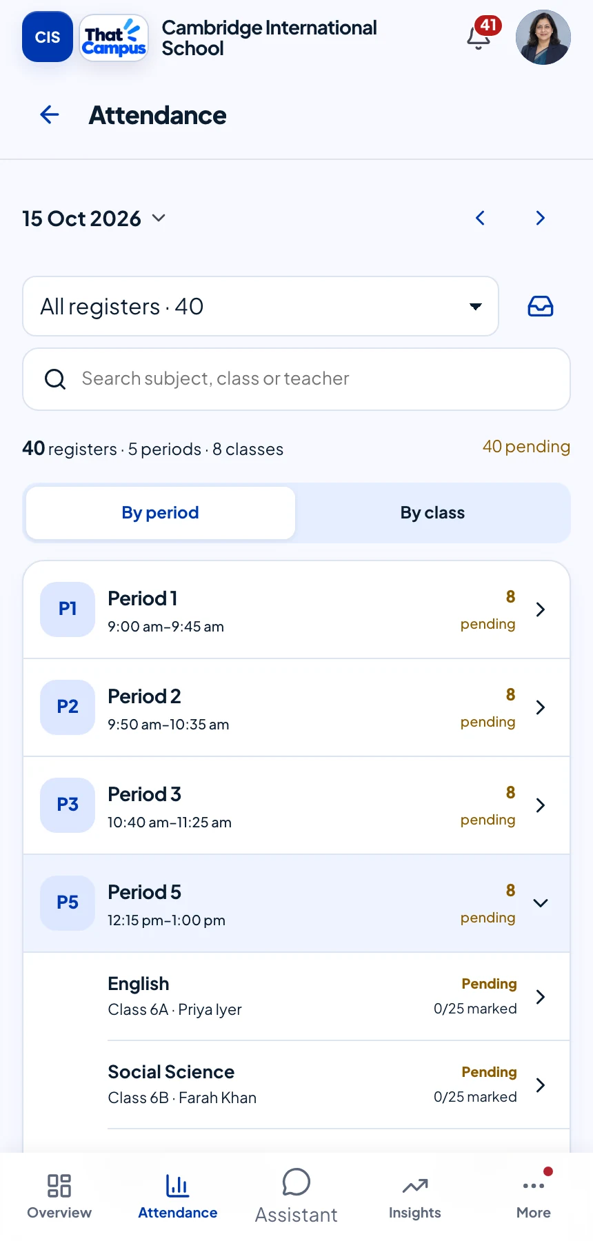ThatCampus attendance registers grouped by period, with submission status for each class