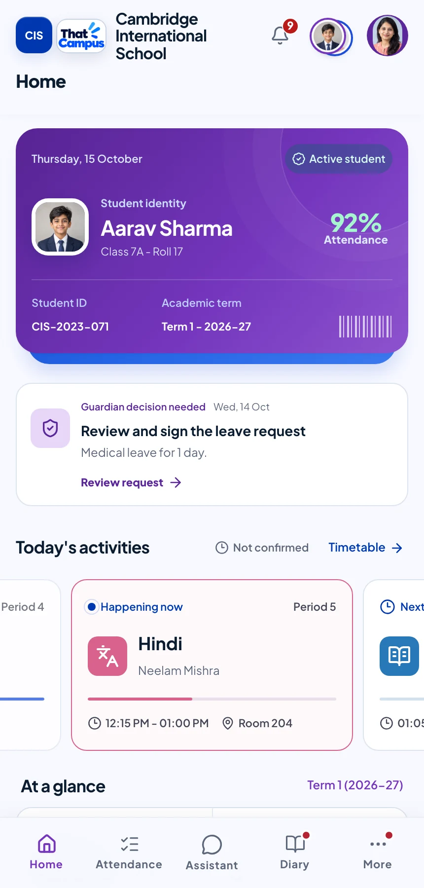 ThatCampus parent home showing a child’s attendance, leave request and today’s lessons