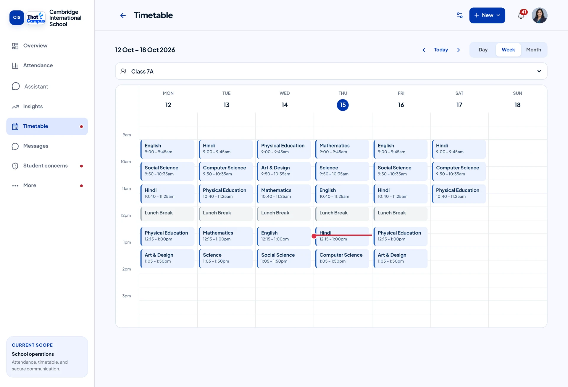 ThatCampus experimental weekly timetable with subjects positioned by lesson time and duration