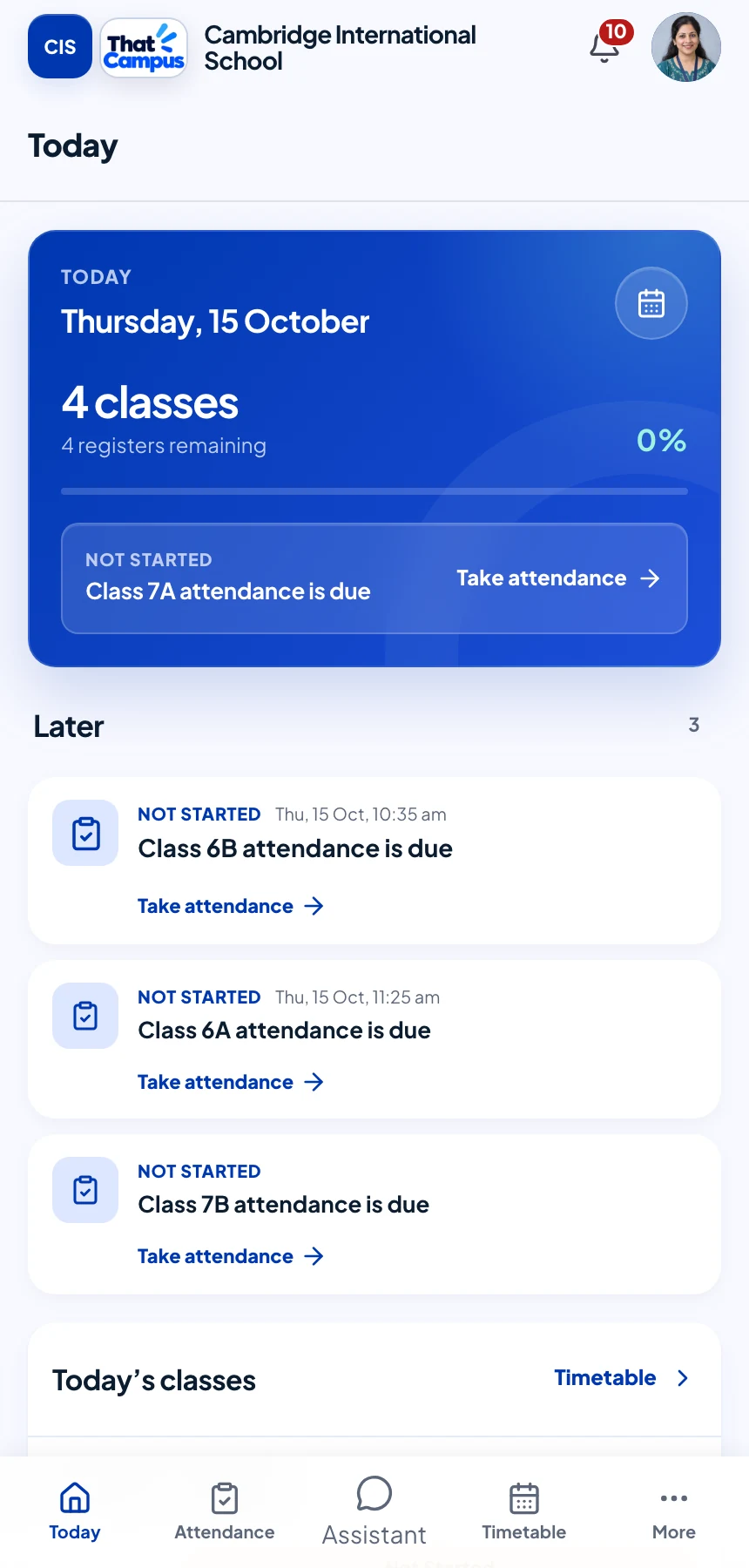 ThatCampus teacher home showing today’s classes and attendance registers